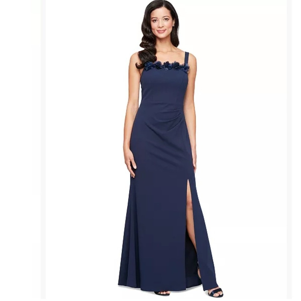 Alex Evenings Petite Navy Blue Flower Trim Sleeveless Gown Dress 6P NEW